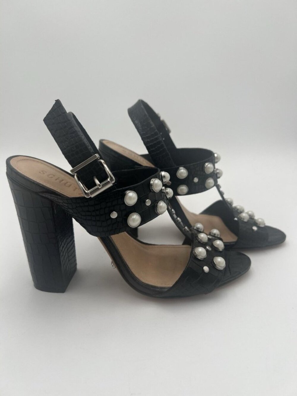 Schutz Zarita Sandals 8B Black Croc Embossed Leather Pearl Stud Slingback Heels - Picture 3 of 15
